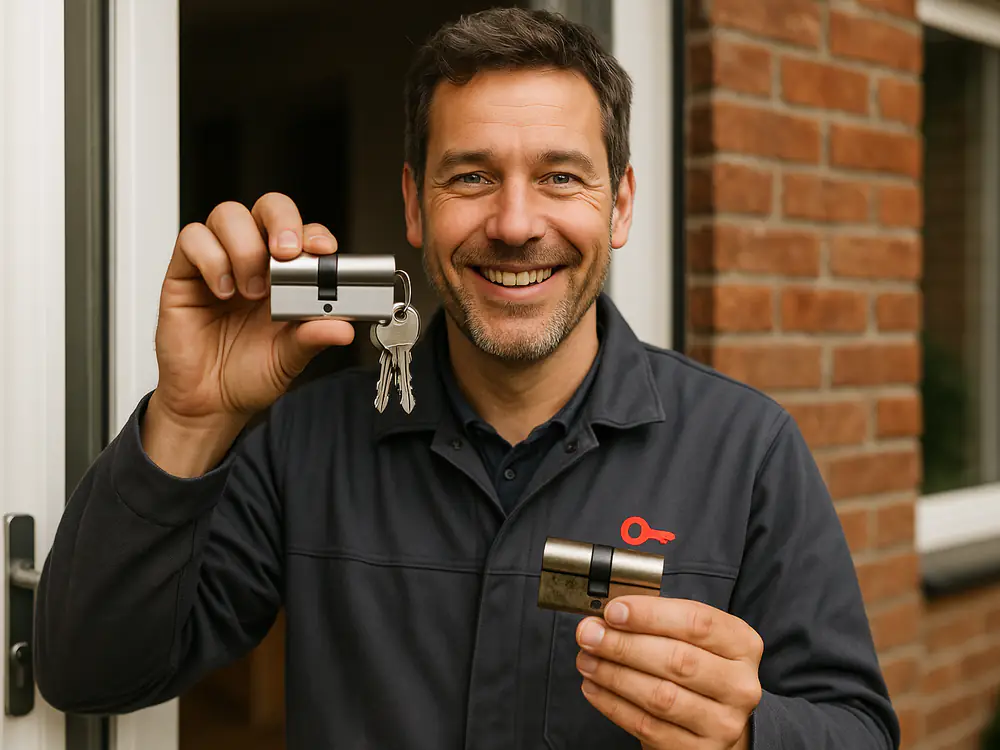 Slotenmaker laat een nieuwe veiligheidscilinder met drie sleutels zien