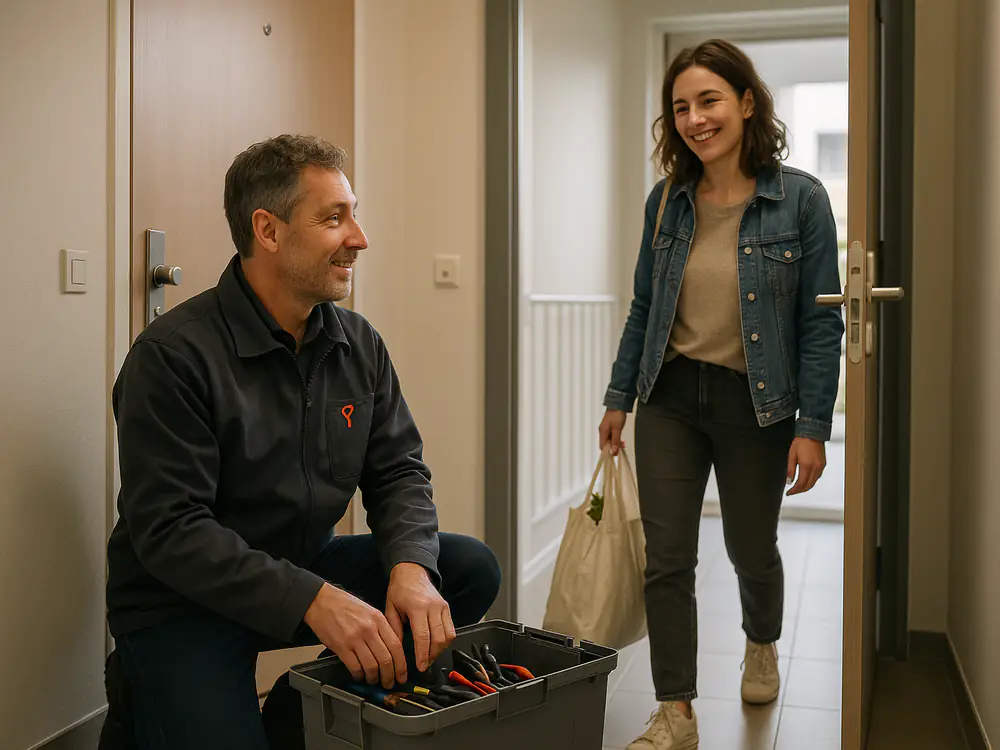 Slotenmaker opent een dichtgevallen appartementsdeur zonder schade, de bewoonster kijkt mee