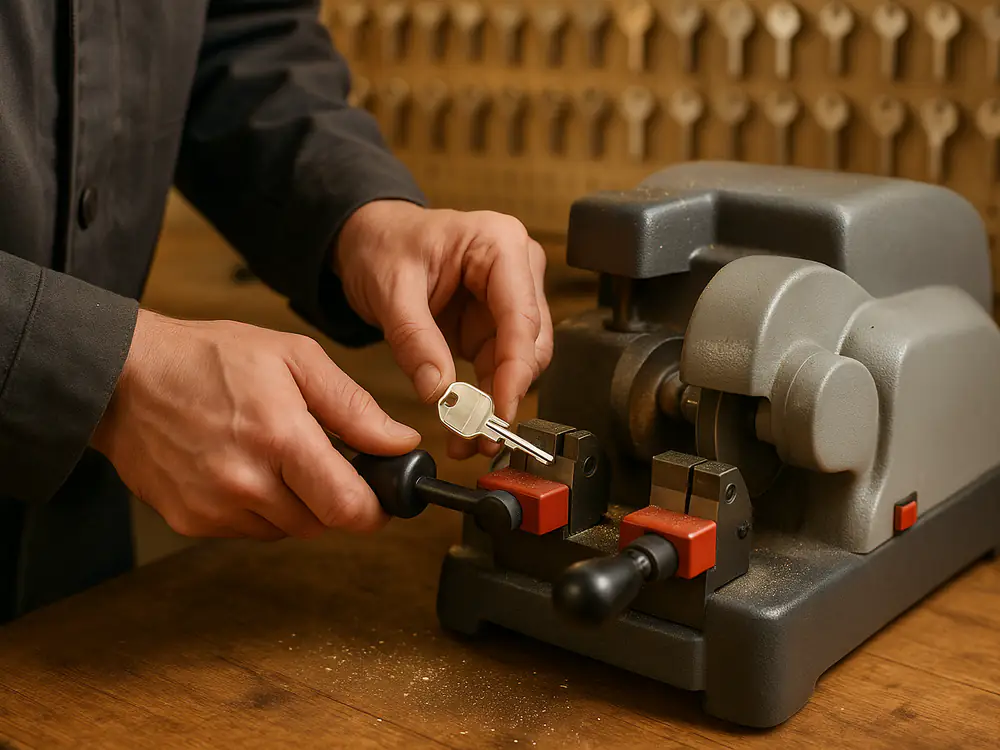 Een nieuwe huissleutel wordt op de sleutelmachine bijgemaakt