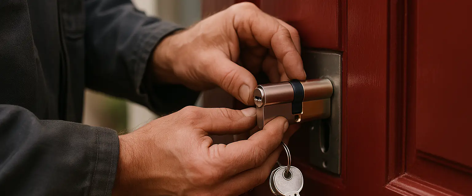Een nieuwe veiligheidscilinder wordt in het slot van een rode voordeur geschoven