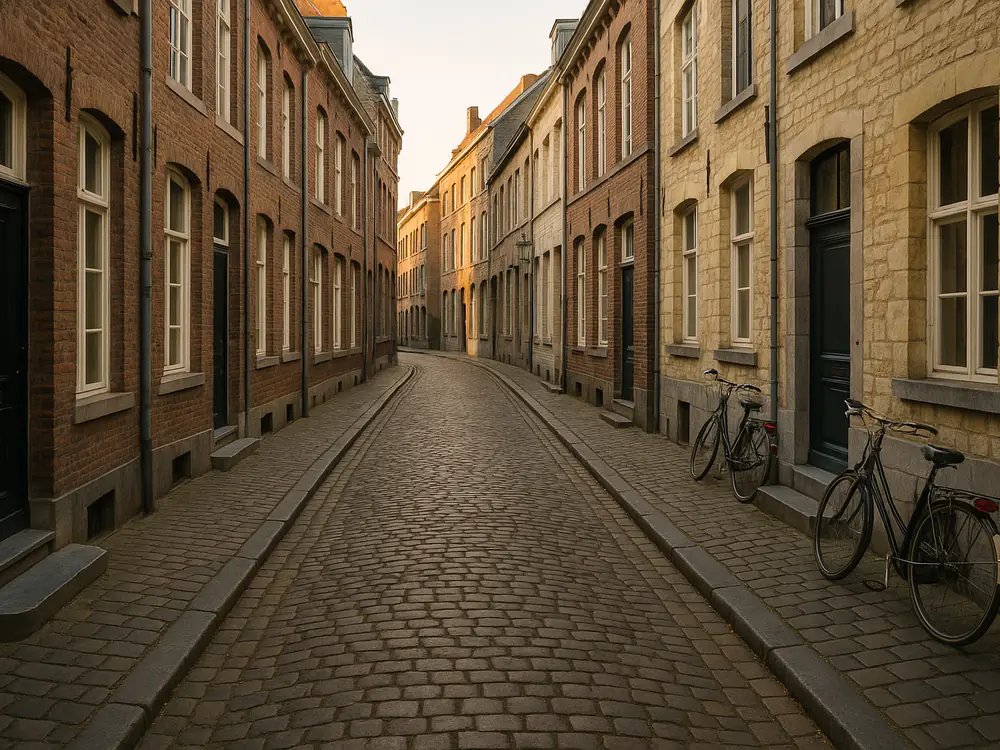 Oud straatje in de binnenstad van Maastricht met mergel- en baksteenhuizen en hoge houten deuren