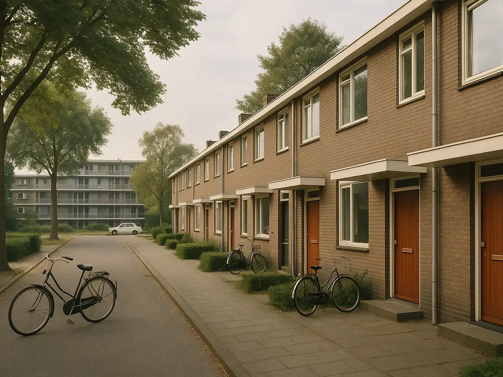 Woonwijk uit de jaren zestig en zeventig met rijtjeshuizen en een galerijflat